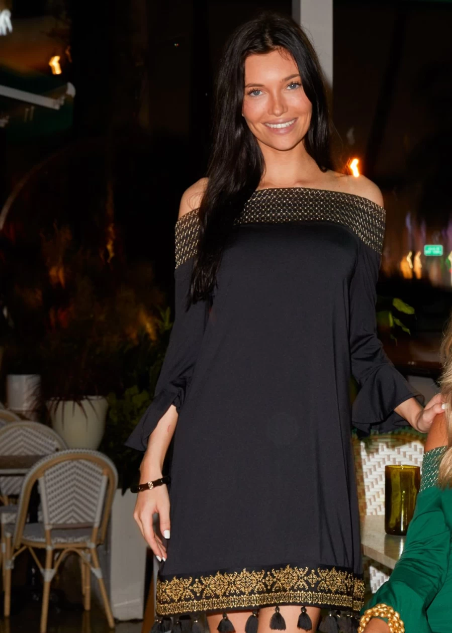 Cabana Life Women's Black & Gold Metallic Embroidered Off-The-Shoulder Party Dress